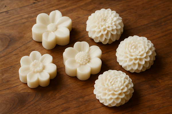 5 white flower shaped wax melts on a wooden table