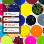 Candle Dye Flakes product features: highly concentrated, works with all waxes, vivid colors, easy to use
