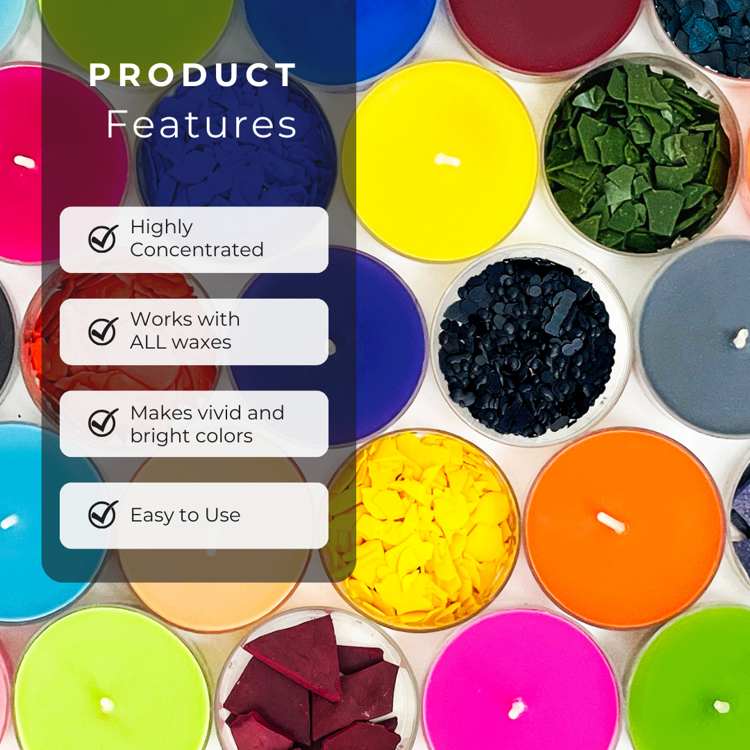 Candle Dye Flakes product features: highly concentrated, works with all waxes, vivid colors, easy to use