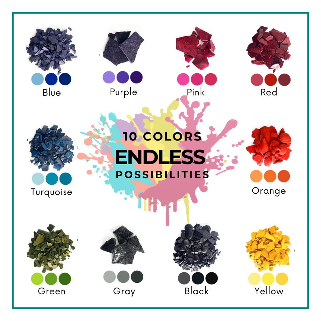 Chart of 10 candle dye flake colors and their dyed wax swatches