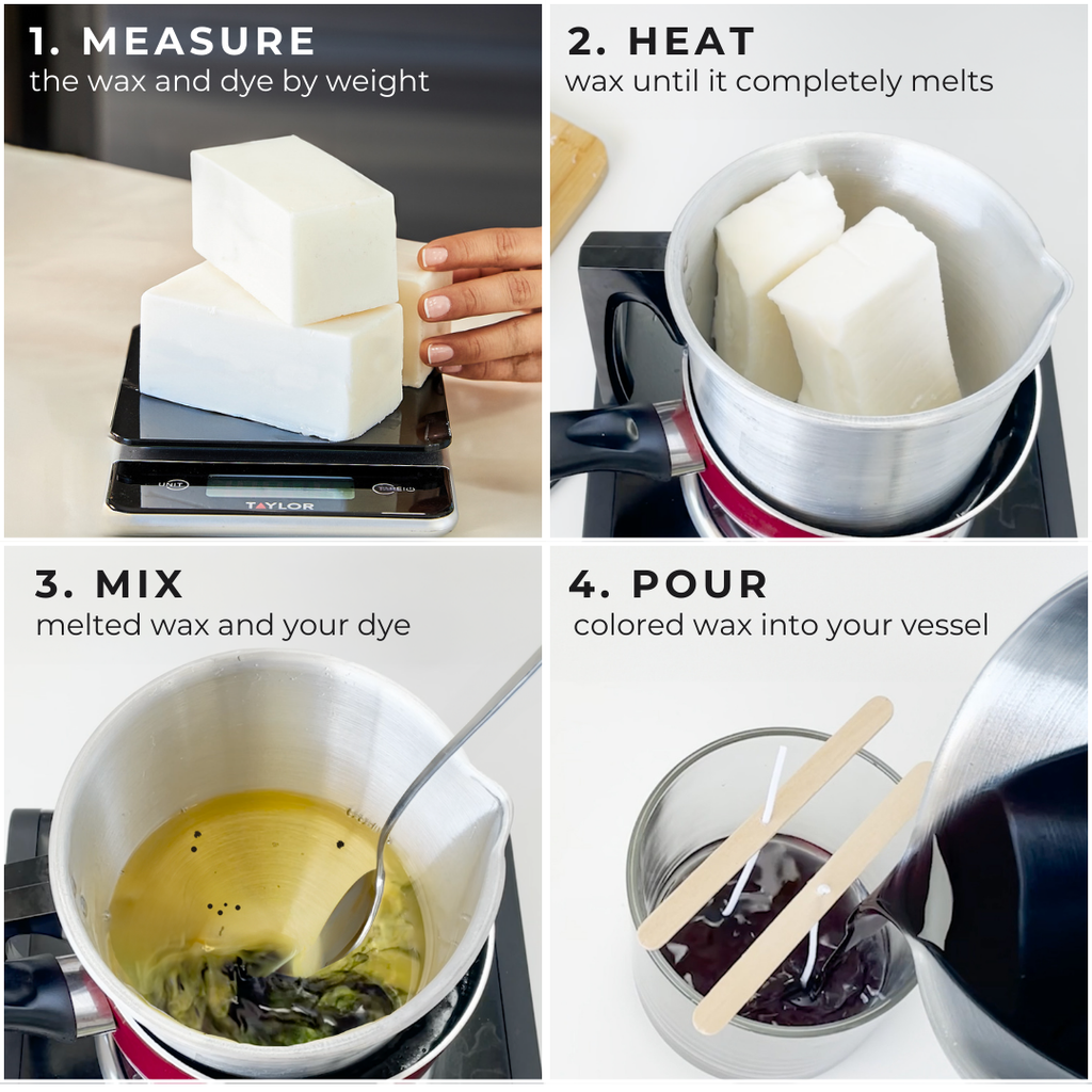 Four steps to use candle dye flakes: measure, heat, mix, and pour