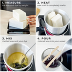Four steps to use candle dye flakes: measure, heat, mix, and pour
