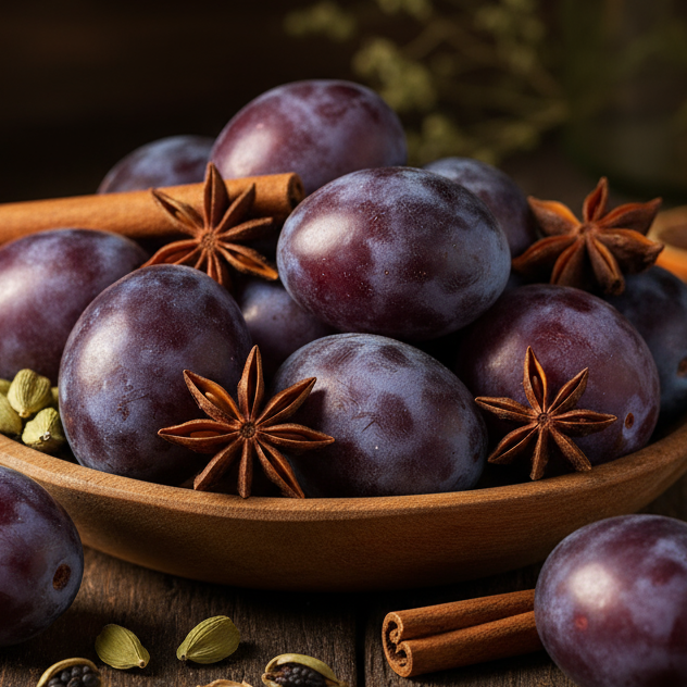 Plums with star anise and cinnamon sticks