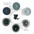 Gray candle dye flakes with gray coconut soy and paraffin test candles