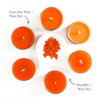 Orange candle dye flakes with orange coconut soy and paraffin test candles