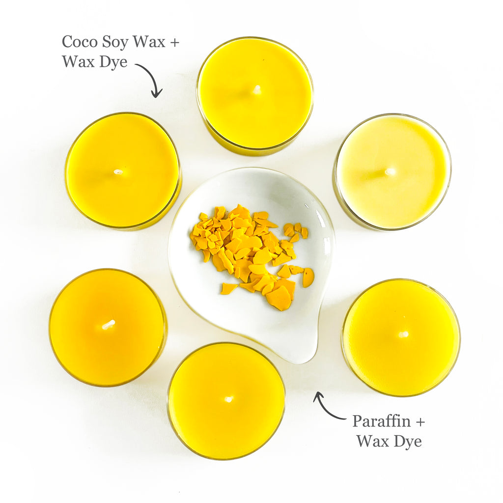 Yellow candle dye flakes with yellow coconut soy and paraffin test candles