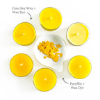 Yellow candle dye flakes with yellow coconut soy and paraffin test candles